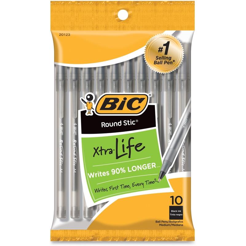 BIC Round Stic Xtra Life Ballpoint Pens, Medium Point, 1.0 mm, Translucent Black Barrels, Black Ink, Pack Of 10 Pens (Min Order Qty 28) MPN:GSMP101BK