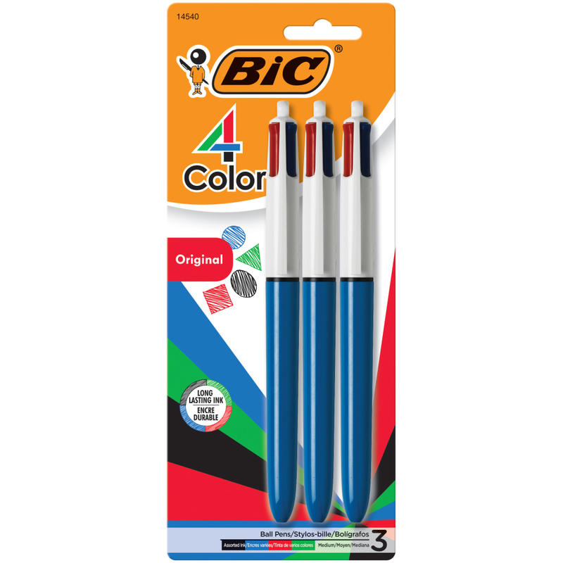 BIC 4 Color Retractable Ballpoint Pen, Medium Point, 1.0 mm, Blue Barrel, Assorted Ink Colors, Pack Of 3 (Min Order Qty 12) MPN:MMP31