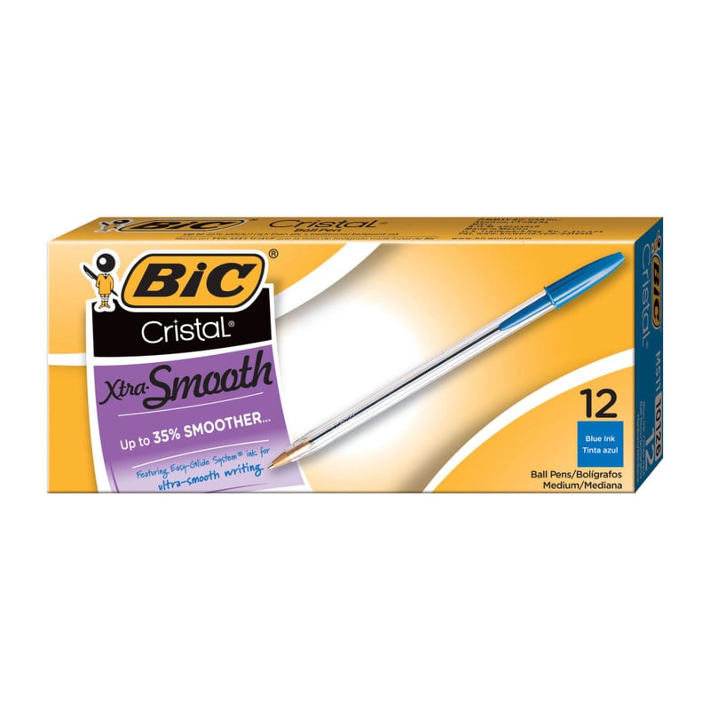 BIC Cristal Ballpoint Pens, Medium Point, 1.0 mm, Clear Barrel, Blue Ink, Pack Of 12 (Min Order Qty 23) MPN:MS11-BLU