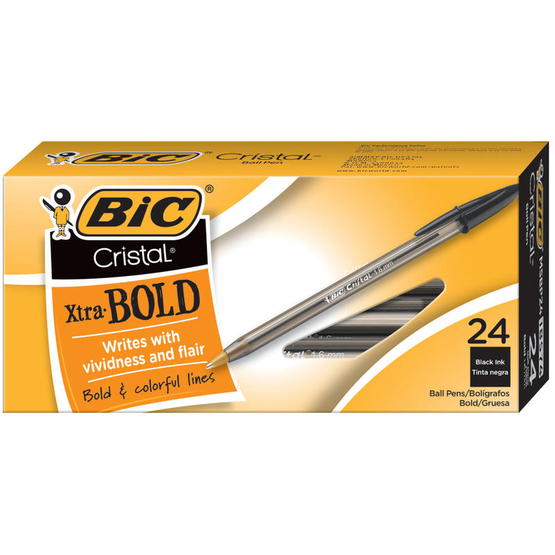 BIC Cristal Bold Ballpoint Pens, Extra Bold Point, 1.6 mm, Translucent Smoked Barrel, Black Ink, Pack Of 24 Pens (Min Order Qty 14) MPN:MSBP241-BLK