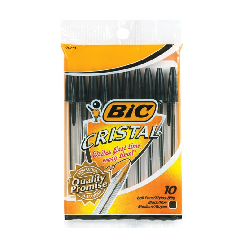 BIC Cristal Ball Pens, Medium Point, Translucent Barrel, Black Ink, Pack Of 10 Pens (Min Order Qty 25) MPN:MSP101-BLK