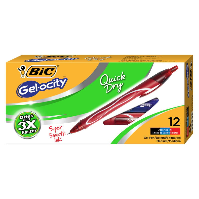 BIC Gel-ocity Quick Dry Retractable Gel Pens, Medium Point, 0.7 mm, Black/Blue/Red Barrels, Black/Blue/Red Inks, Pack Of 12 (Min Order Qty 5) MPN:RGLCG11-AST