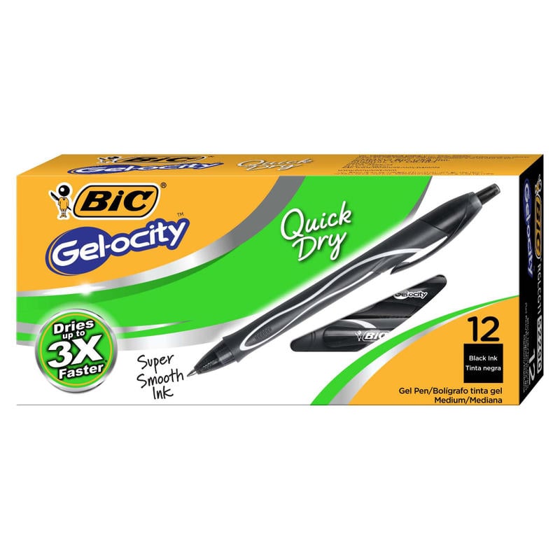 BIC Gel-ocity Quick Dry Retractable Gel Pens, Medium Point, 0.7 mm, Black Barrel, Black Ink, Pack Of 12 (Min Order Qty 3) MPN:RGLCG11-BLK