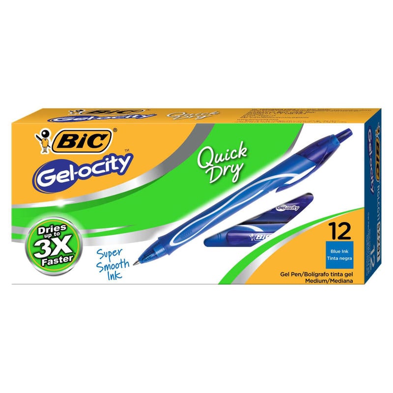 BIC Gel-ocity Quick Dry Retractable Gel Pens, Medium Point, 0.7 mm, Blue Barrel, Blue Ink, Pack Of 12 (Min Order Qty 3) MPN:RGLCG11-BLU