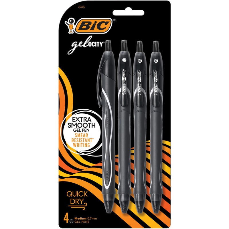 BIC Gel-ocity Quick-Dry Retractable Gel Pens, Medium Point, 0.7 mm, Black Barrel, Black Ink, Pack Of 4 Pens (Min Order Qty 16) MPN:RGLCGP41-BLK