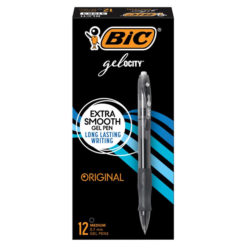 BIC Gel-ocity Original Long Lasting Retractable Gel Pens, Medium Point, 0.7 mm, Black Barrel, Black Ink, Pack Of 12 (Min Order Qty 8) MPN:RLC11-BLK