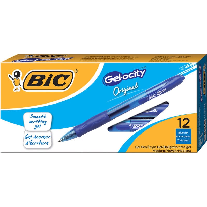 BIC Gel-ocity Original Long Lasting Retractable Gel Pens, Medium Point, 0.7 mm, Blue Barrel, Blue Ink, Pack Of 12 (Min Order Qty 8) MPN:RLC11-BLU