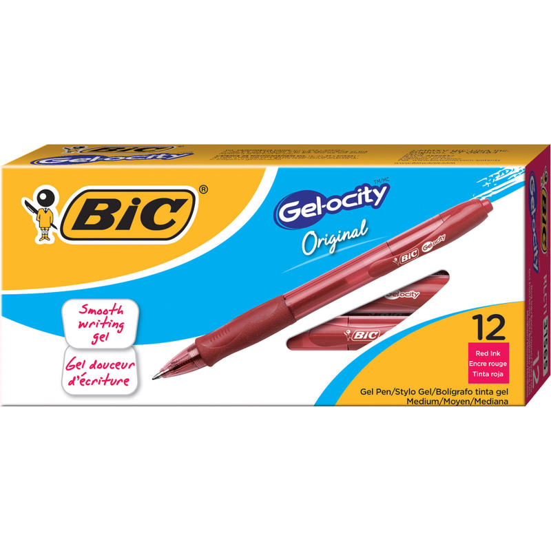 BIC Gel-ocity Retractable Gel Ink Rollerball Pens, Medium Point, 0.7 mm, Red Barrel, Red Ink, Pack Of 12 (Min Order Qty 8) MPN:RLC11-RED