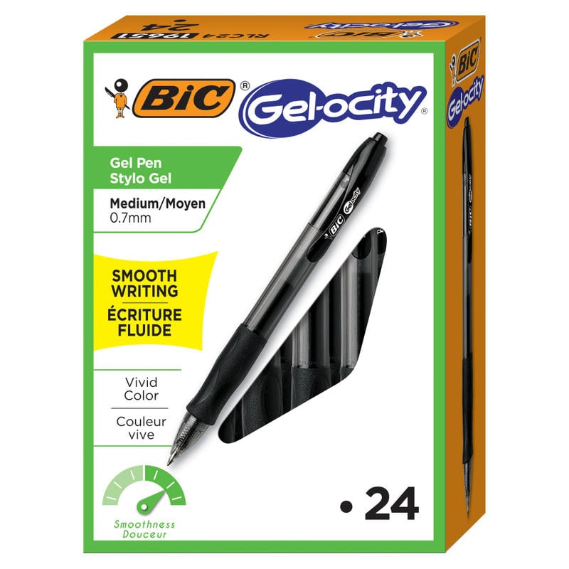 BIC Gel-ocity Retractable Gel Pens, Medium Point, 0.7 mm, Translucent Barrel, Black Ink, Pack Of 24 (Min Order Qty 5) MPN:RLC241BK