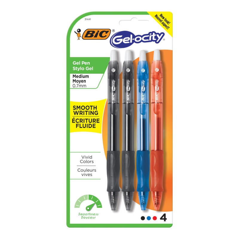 BIC Gel-ocity Retractable Gel Ink Rollerball Pens, Medium Point, 0.7 mm, Assorted Barrels, Assorted Ink Colors, Pack Of 4 (Min Order Qty 16) MPN:RLCP41-AST