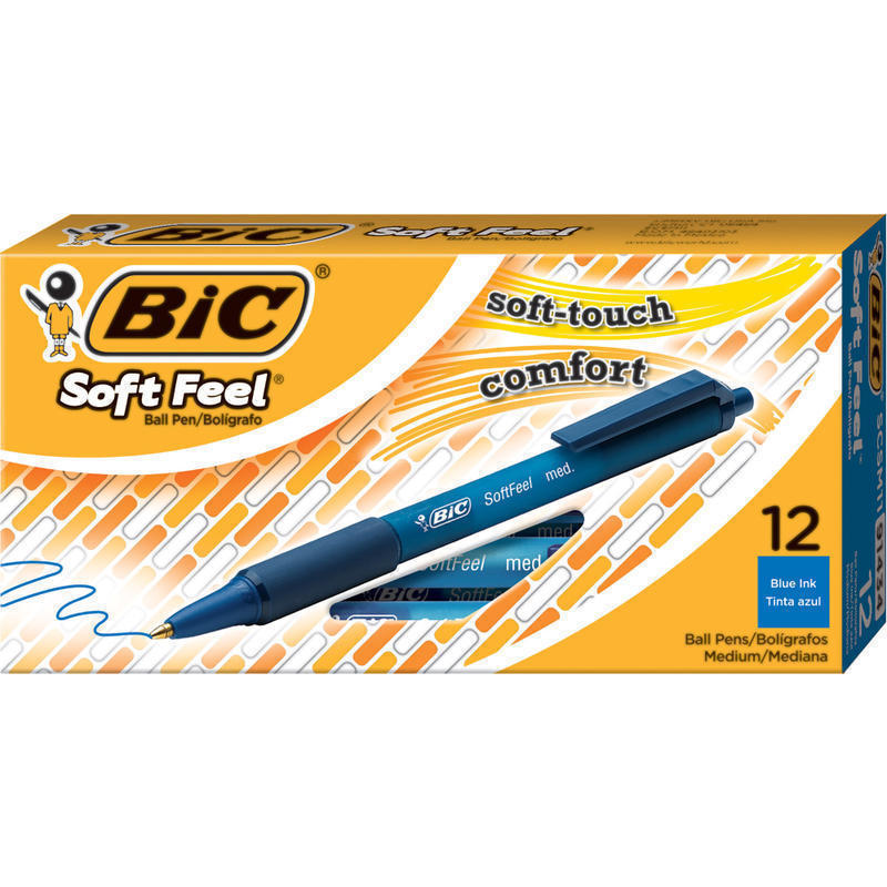 BIC Soft Feel Retractable Ballpoint Pens, Medium Point, 1.0 mm, Blue Barrel, Blue Ink, Pack Of 12 (Min Order Qty 10) MPN:SCSM11-BE