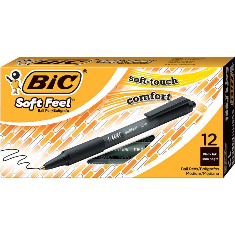 BIC Soft Feel Retractable Ballpoint Pens, Medium Point, 1.0 mm, Black Barrel, Black Ink, Pack Of 12 Pens (Min Order Qty 10) MPN:SCSM11BLK