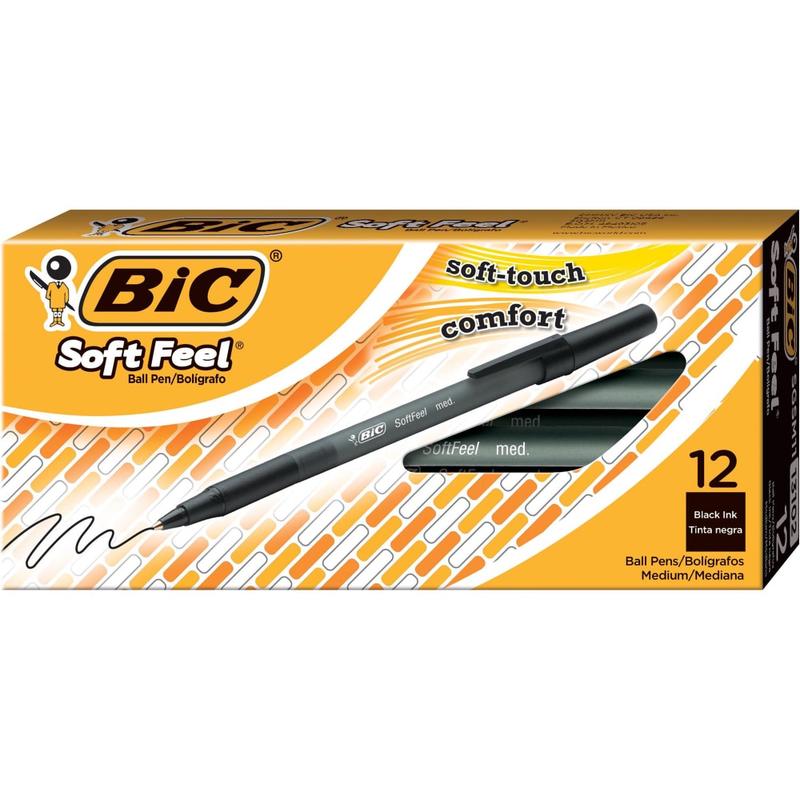 BIC Soft Feel Stick Pens, Medium Point, 1.0 mm, Black Barrel, Black Ink, Pack Of 12 (Min Order Qty 7) MPN:SGSM11-BLK