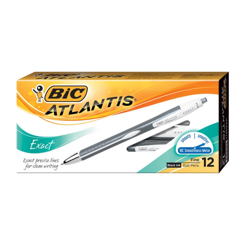 BIC Glide Exact Retractable Ballpoint Pens, Fine Point, 0.7 mm, Gray Barrel, Black Ink, Pack Of 12 Pens (Min Order Qty 4) MPN:VCGN11-BK