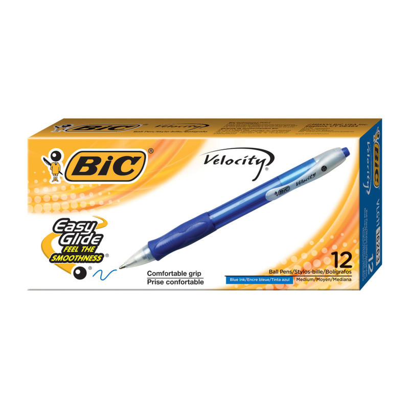 BIC Velocity Retractable Ballpoint Pens, Medium Point, 1.0 mm, Assorted Barrels, Blue Ink, Pack Of 12 (Min Order Qty 8) MPN:VLG11-BLU