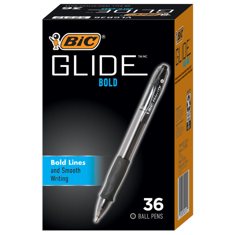 BIC Glide Bold Ballpoint Pens, Bold Point, 1.6 mm, Translucent Barrel, Black Ink, Pack Of 36 (Min Order Qty 4) MPN:VLGB361-BLK