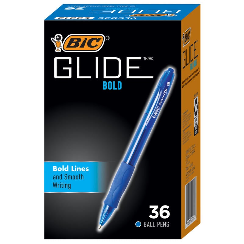 BIC Glide Bold Ballpoint Pens, Bold Point, 1.6 mm, Translucent Barrel, Blue Ink, Pack Of 36 (Min Order Qty 4) MPN:VLGB361-BLU