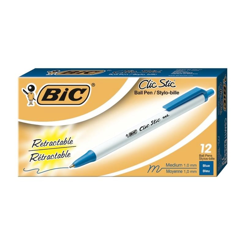 BIC Clic Stic Retractable Ballpoint Pens, Medium Point, 1.0 mm, White Barrel, Blue Ink, Pack Of 12 (Min Order Qty 12) MPN:CSM11-BLU