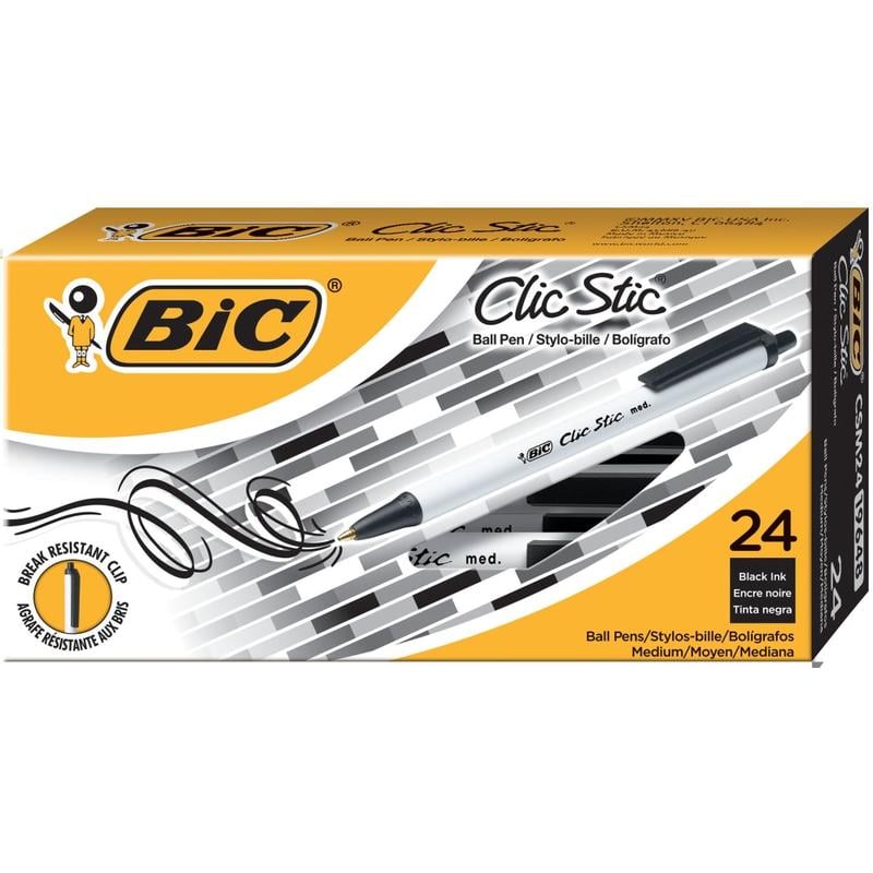 BIC Clic Stic Retractable Ballpoint Pens, Medium Point, 1.0 mm, White Barrel, Black Ink, Pack Of 24 (Min Order Qty 7) MPN:CSM241BLK