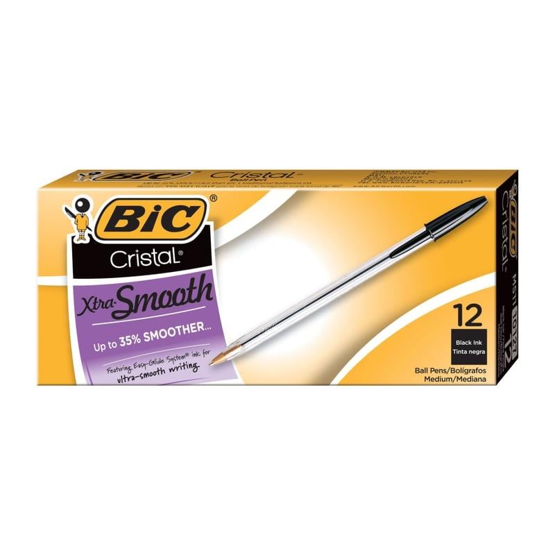 BIC Cristal Ballpoint Pens, Medium Point, 1.0 mm, Clear Barrel, Black Ink, Pack Of 12 (Min Order Qty 23) MPN:MS11-BLK