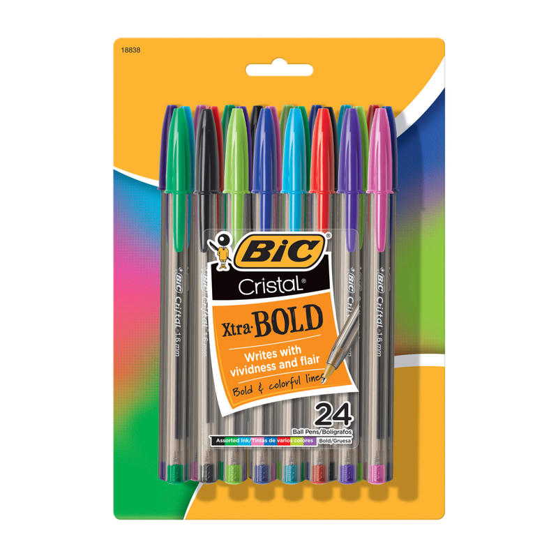 BIC Cristal Xtra Bold Ballpoint Pens, Bold Point, 1.6 mm, Translucent Barrel, Assorted Ink Colors, Pack Of 24 Pens (Min Order Qty 14) MPN:MSBAPP241-AST