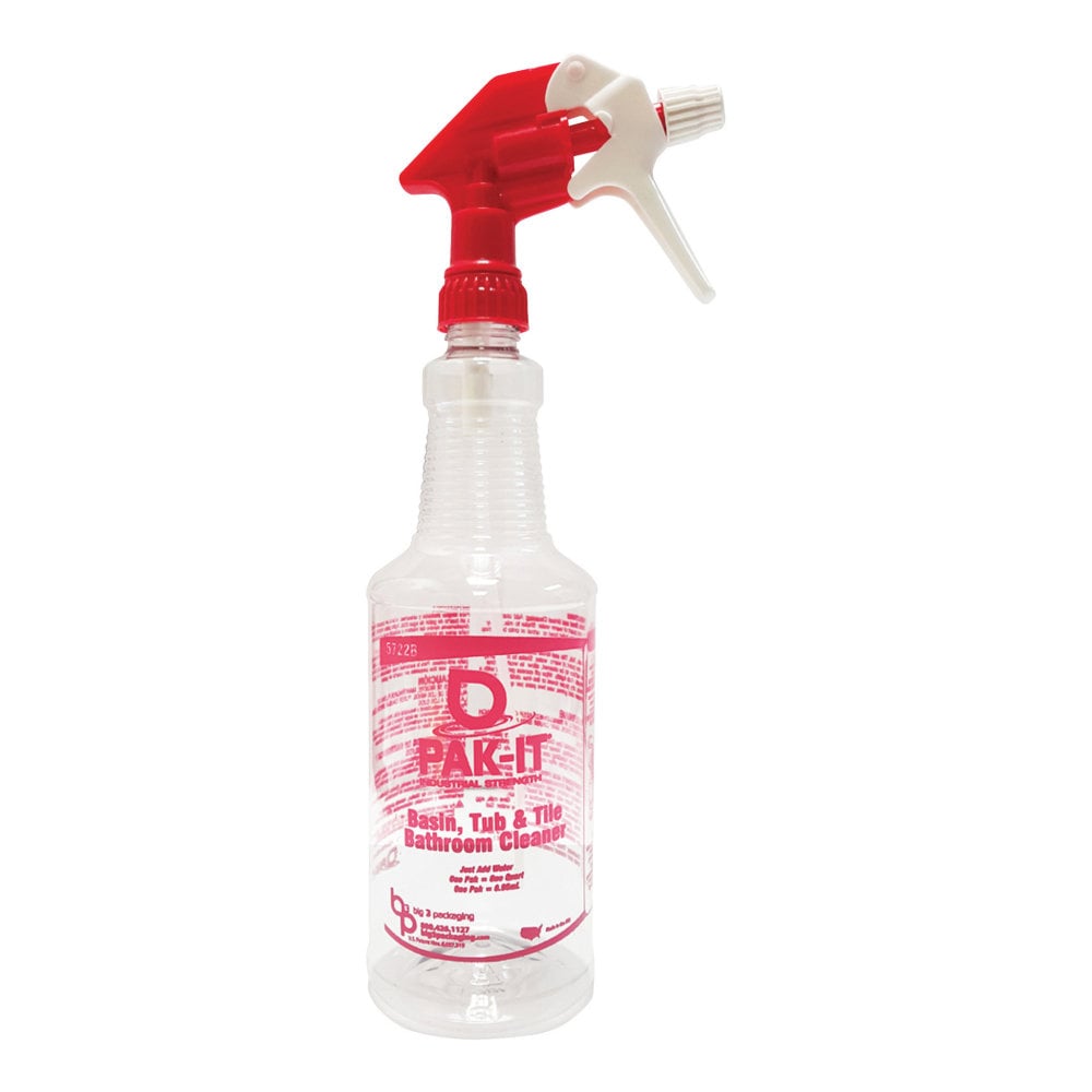 Big 3 Packaging PAK-IT Spray Bottle, Basin Tub/Tile Bathroom Cleaner, 32 Oz, Pink/Clear (Min Order Qty 22) MPN:5722B12