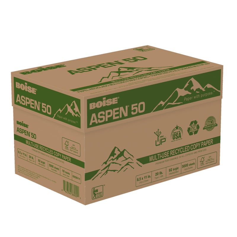 Boise ASPEN 50 Multi-Use Printer & Copy Paper, White, Letter (8.5in x 11in), 5000 Sheets Per Case, 20 Lb, 92 Brightness, 50% Recycled, FSC Certified, Case Of 10 Reams MPN:055011-CTN