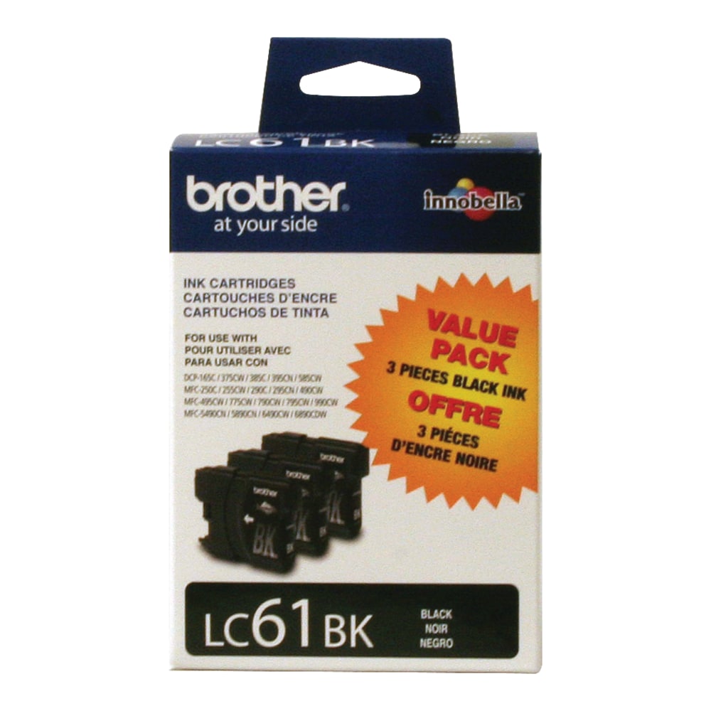 Brother LC61 Black Ink Cartridges, Pack Of 3, LC61BK3PKS MPN:BRTLC61BK3PKS