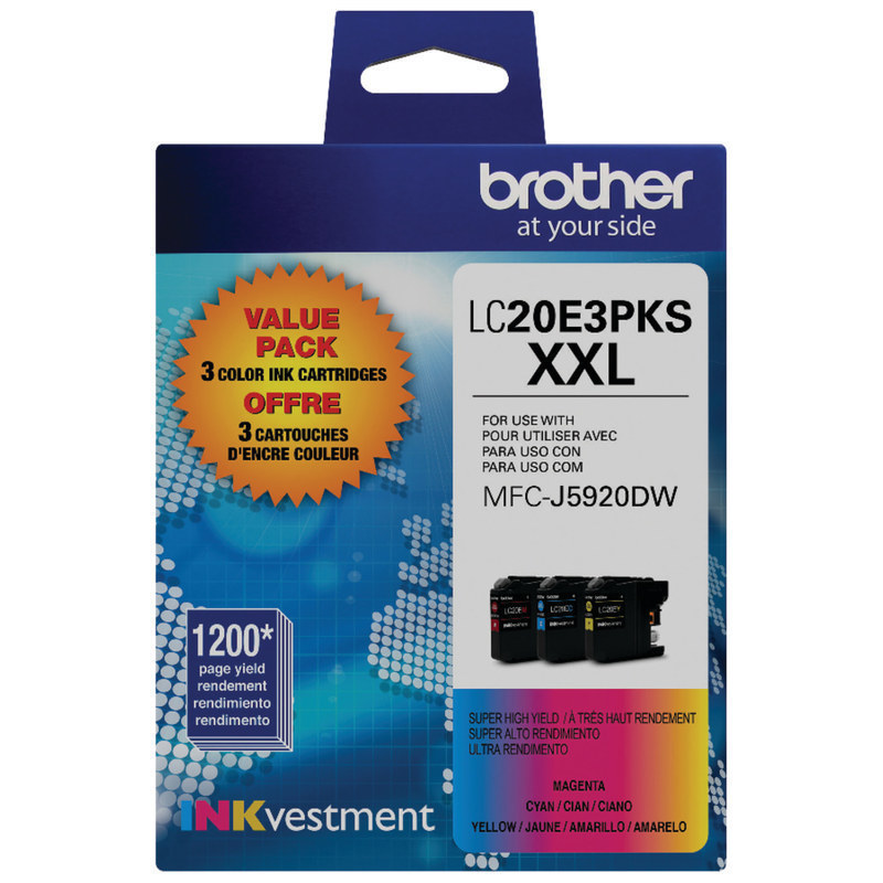 Brother LC20E Cyan; Magenta; Yellow Super-High-Yield Ink Cartridges, Pack Of 3, LC20E3PKS (Min Order Qty 2) MPN:LC20E3PKS