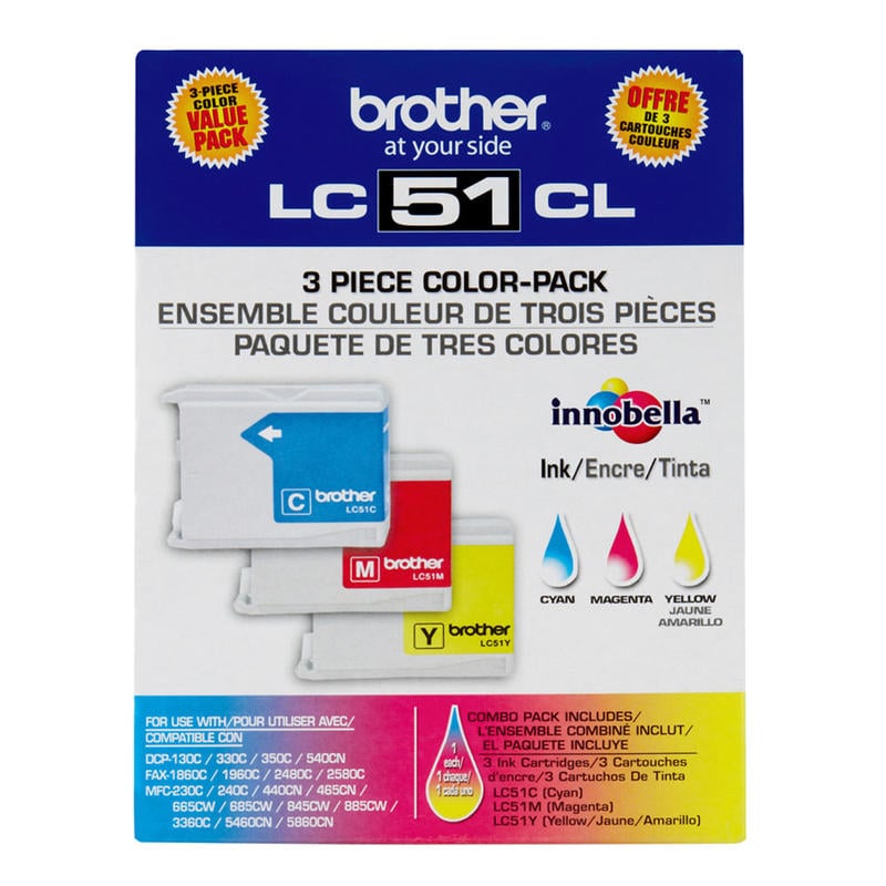 Brother LC51 Cyan, Magenta, Yellow Ink Cartridges, Pack Of 3, LC513PKS (Min Order Qty 2) MPN:LC513PKS