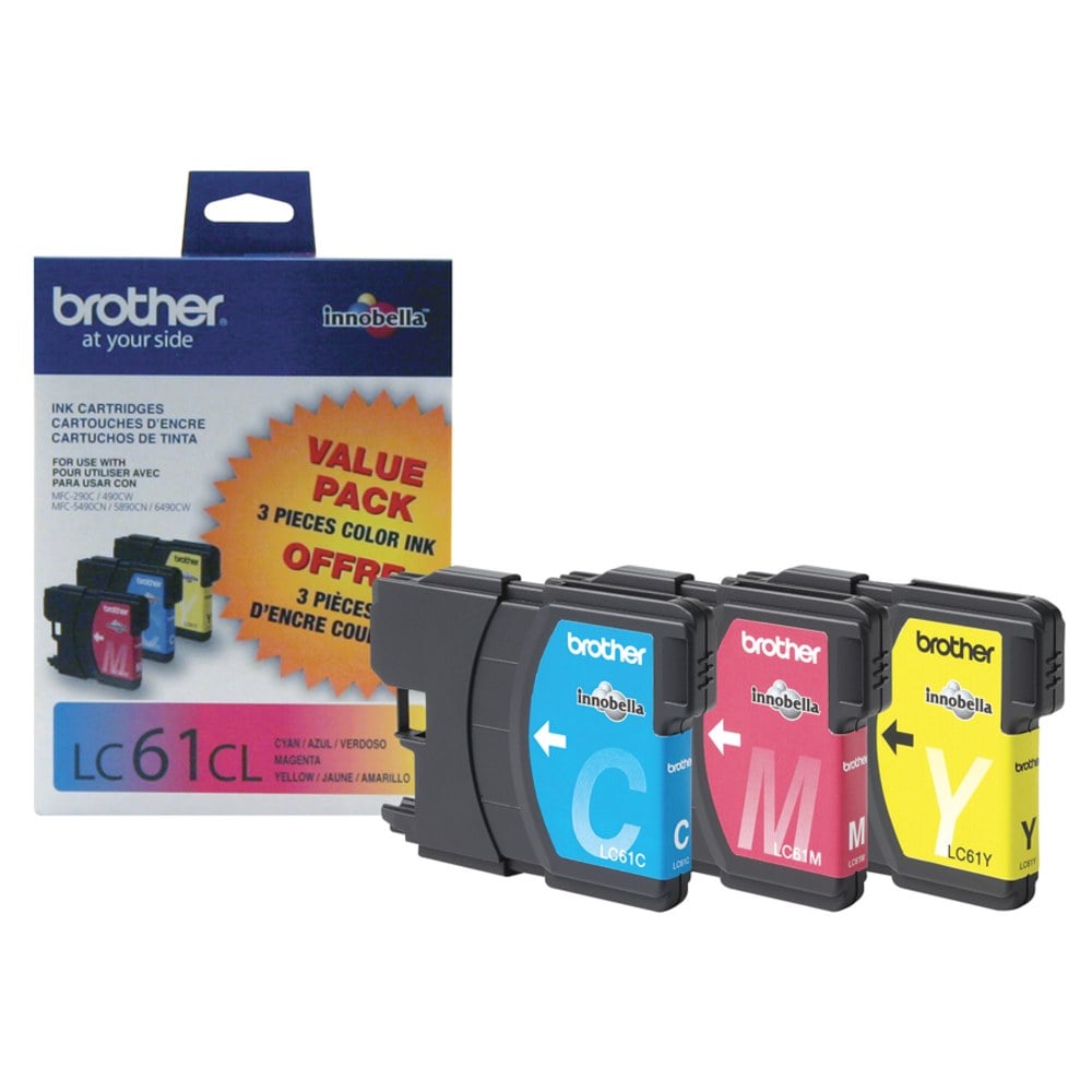 Brother LC61 Cyan, Magenta, Yellow Ink Cartridges, Pack Of 3, LC61CMY (Min Order Qty 2) MPN:LC613PKS