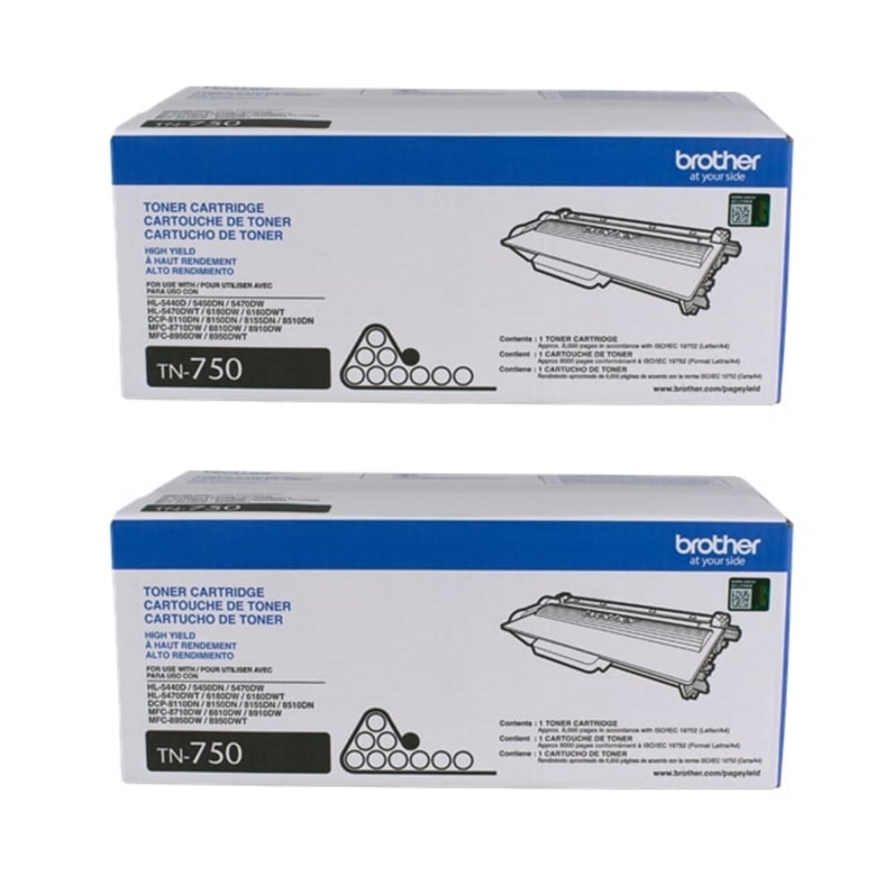 Brother TN-750 Black High Yield Toner Cartridges, Pack Of 2 MPN:TN750-2PKOD