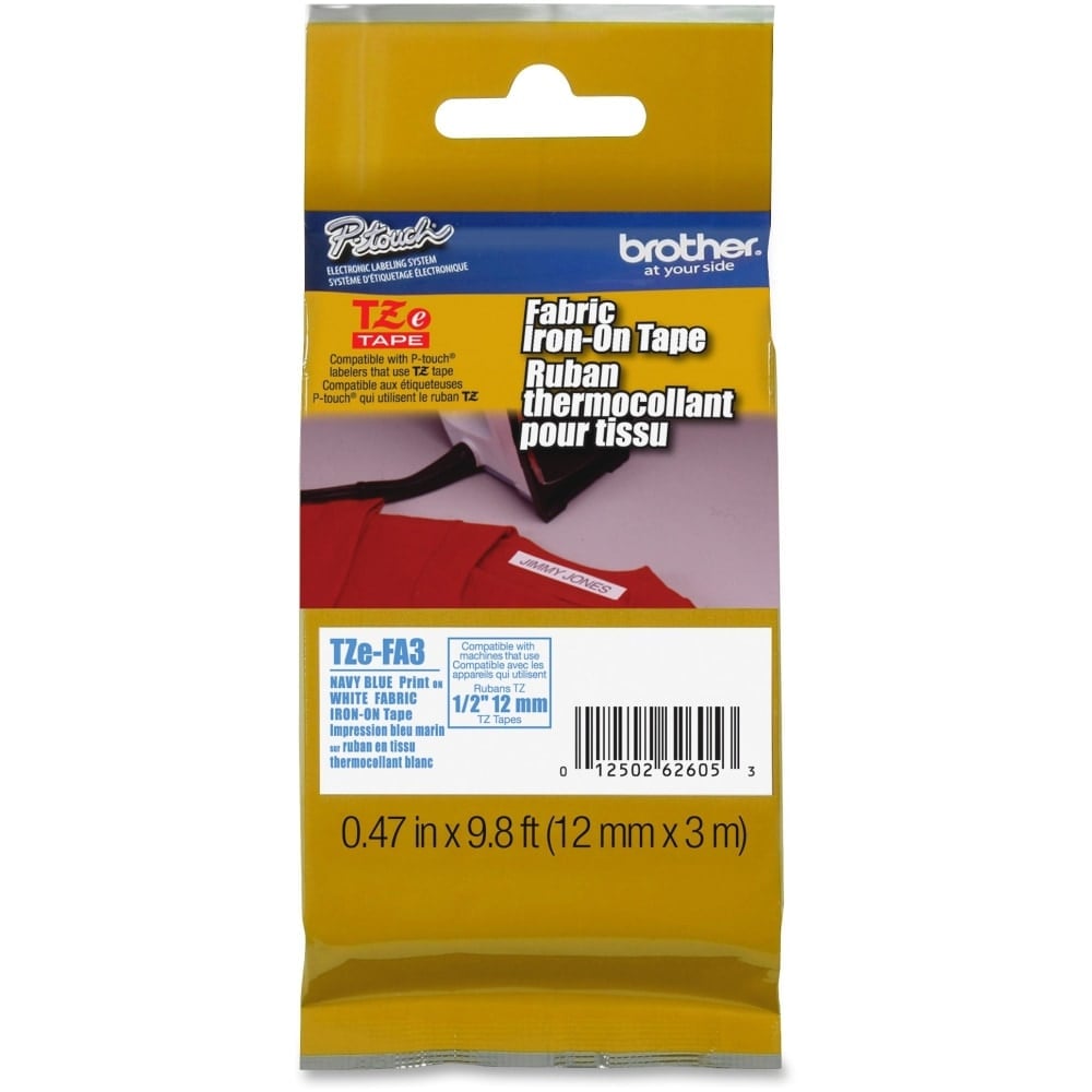 Brother TZeFA3 Ptouch Iron-On Tape - 15/32in Width x 118 7/64in Length - Thermal Transfer - White, Navy Blue - 1 Each (Min Order Qty 3) MPN:BRTTZEFA3