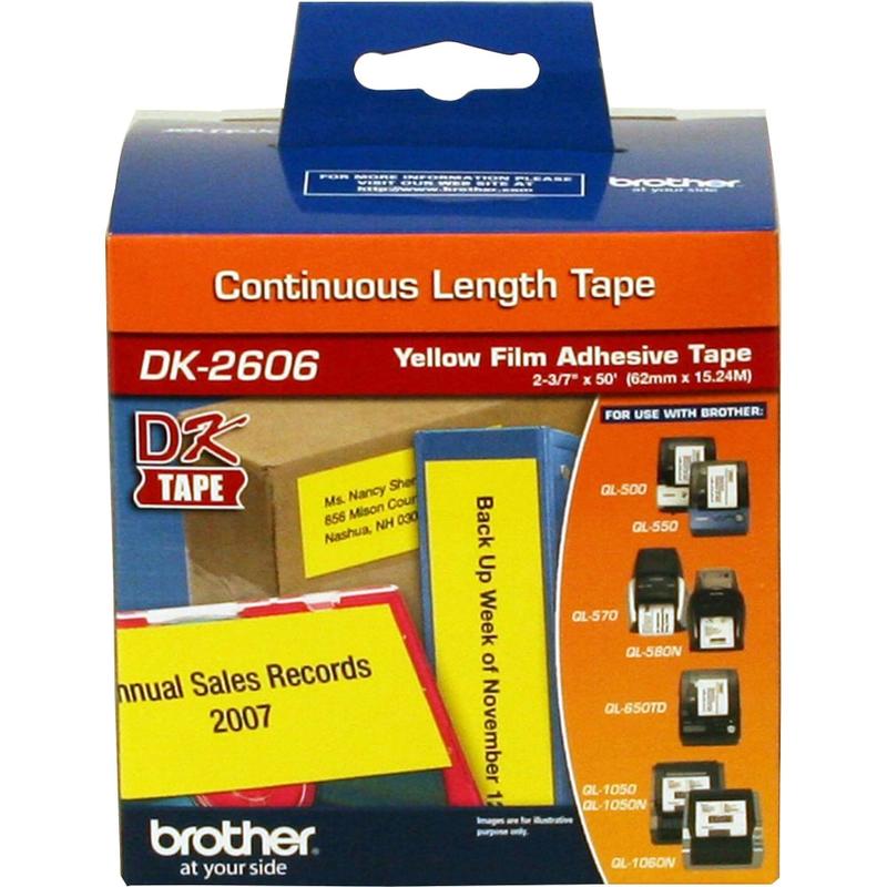 Brother DK-2606 Black-On-Yellow Tape, Continuous-Feed Film Roll, 2.5in x 50ft MPN:DK2606