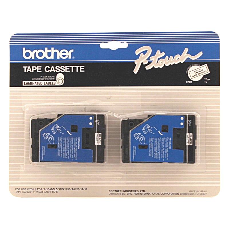Brother TC-20 Black-On-White Tapes, 0.5in x 25ft, Pack Of 2 (Min Order Qty 2) MPN:TC20