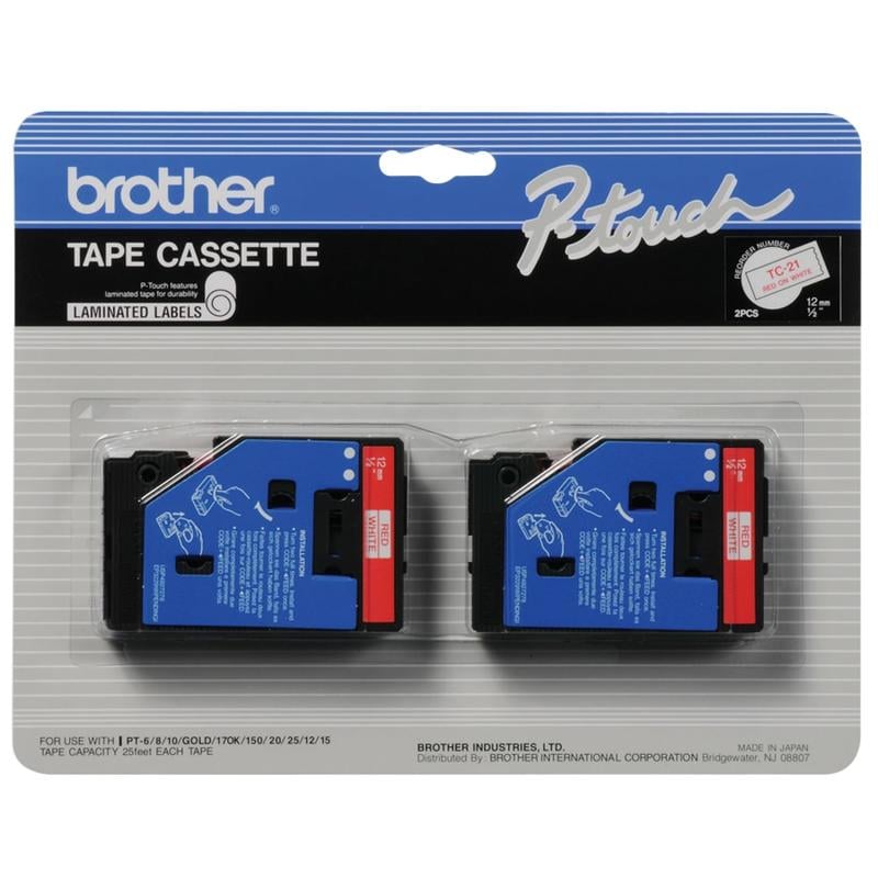 Brother TC-21 Red-On-White Tapes, 0.5in x 25ft, Pack Of 2 (Min Order Qty 2) MPN:TC21