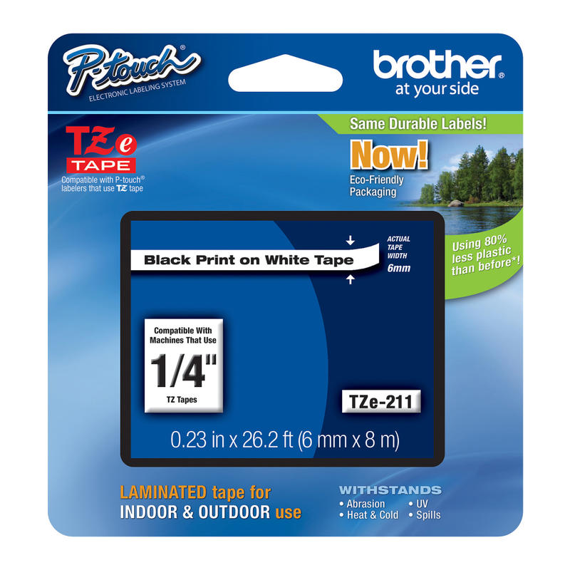 Brother TZe-211 Black-On-White Tape, 0.25in x 26.2ft (Min Order Qty 5) MPN:TZE-211