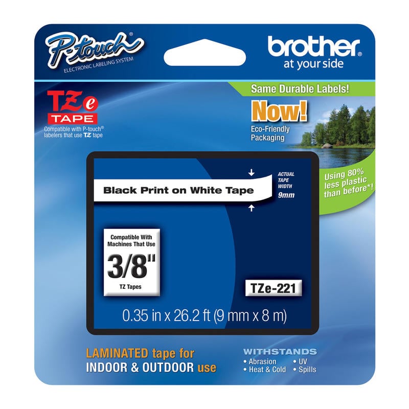 Brother TZe-221 Black-On-White Tape, 0.38in x 26.2ft (Min Order Qty 5) MPN:TZE-221