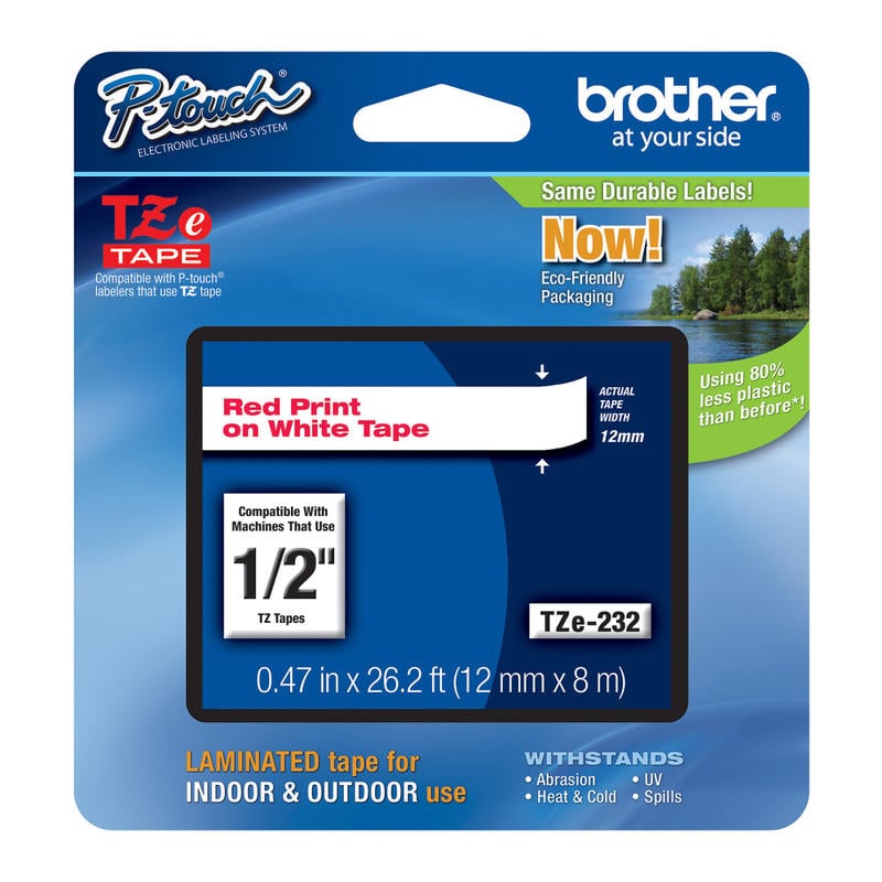 Brother TZe-232 Red-On-White Tape, 0.5in x 26.2ft (Min Order Qty 5) MPN:TZE-232