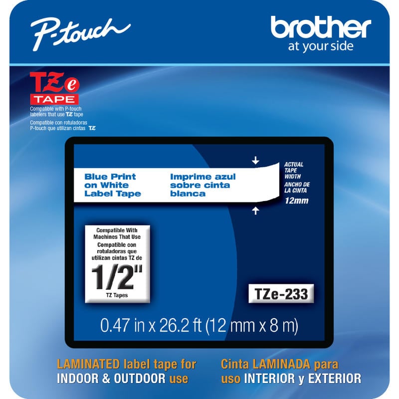 Brother TZE233CS Genuine P-Touch Laminated Label Tape, 1/2in x 26-1/4ft, White/Blue (Min Order Qty 4) MPN:TZE233CS