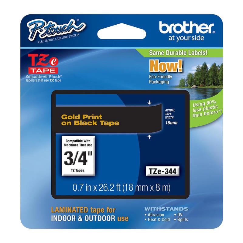 Brother TZe-344 Gold-On-Black Tape, 0.75in x 26.2ft (Min Order Qty 3) MPN:TZE344