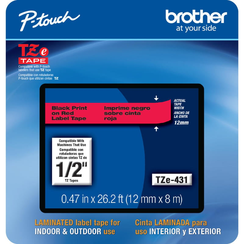 Brother TZE431CS Genuine P-Touch Laminated Label Tape, 1/2in x 26-1/4ft, Black/Red (Min Order Qty 4) MPN:TZE431CS