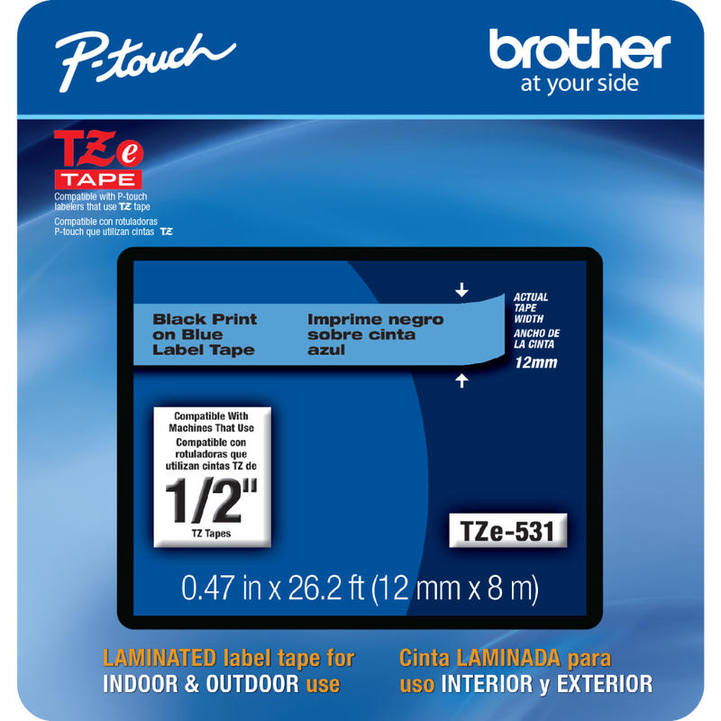 Brother TZE531CS Genuine P-Touch Laminated Label Tape, 1/2in x 26-1/4ft, Black/Blue (Min Order Qty 4) MPN:TZE531CS