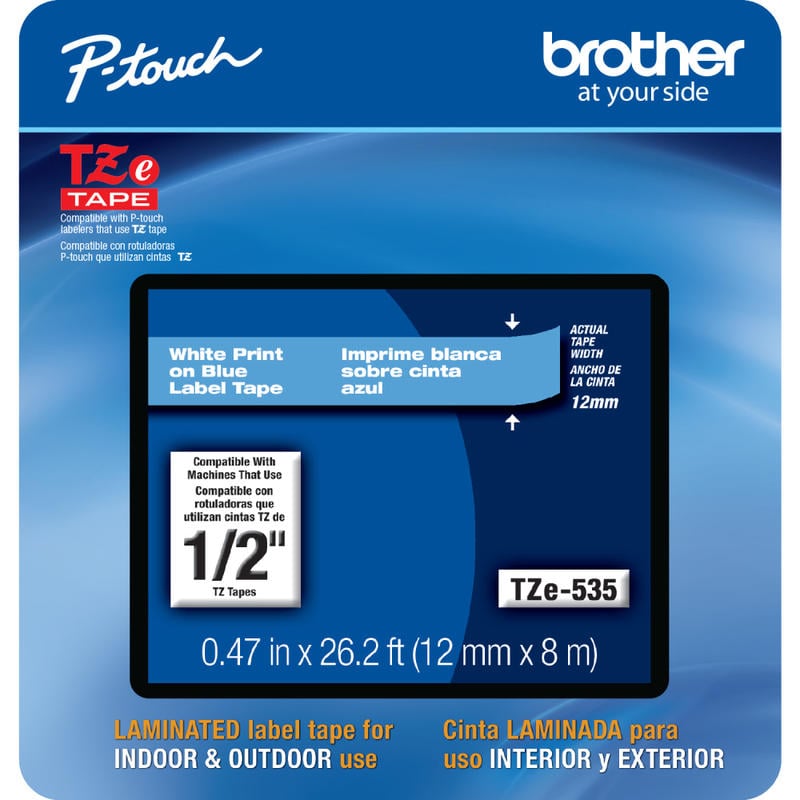 Brother TZE535CS Genuine P-Touch Laminated Label Tape, 1/2in x 26-1/4ft, White/Blue (Min Order Qty 3) MPN:TZE535CS