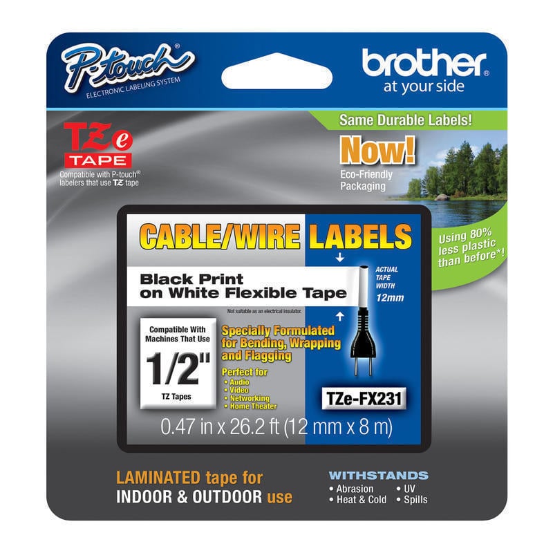 Brother TZe-FX231CS Black-On-White Tape, 0.5in x 26.2ft (Min Order Qty 4) MPN:TZeFX231CS