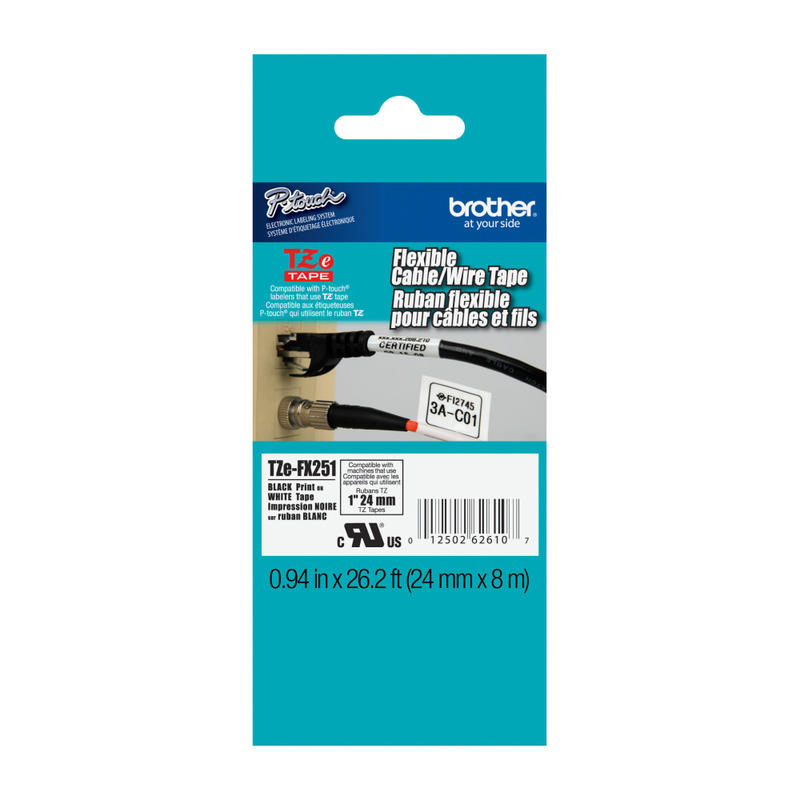 Brother TZ Flexible Label Tape, TZE-FX251, 0.94in x 26.2ft, Black Print/White Label (Min Order Qty 3) MPN:TZEFX251