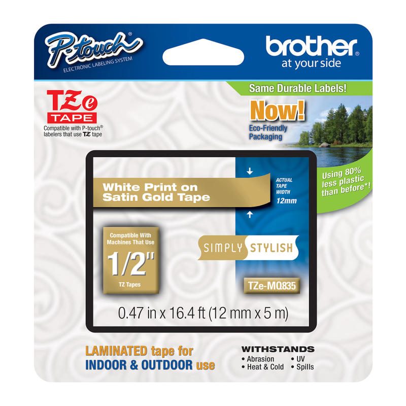 Brother TZe-MQ835 White-On-Satin Gold Tape, 0.5in x 196.8in (Min Order Qty 5) MPN:TZEMQ835