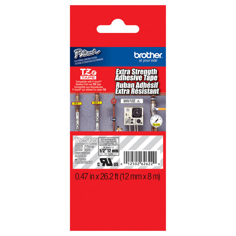 Brother TZe-S135 White-On-Clear Extra-Strength Tape, 0.47in x 26.2ft (Min Order Qty 4) MPN:TZES135