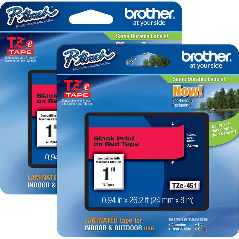 Brother P-touch TZe Laminated Tape Cartridges - 15/16in Width - Rectangle - Thermal Transfer - Black, Red - 2 / Bundle - Water Resistant - Chemical Resistant, Heat Resistant, Cold Resistant, Fade Resistant, Tearing Resistant (Min Order Qty 2) MPN:TZE451BD