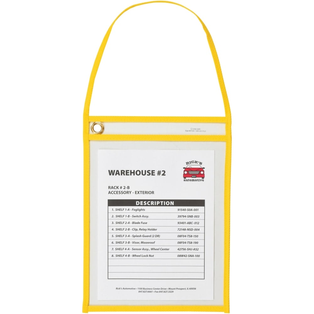 C-Line Hanging Strap Shop Ticket Holder - 12in x 9in x 16in - Vinyl - 15 / Box - Yellow (Min Order Qty 3) MPN:41926